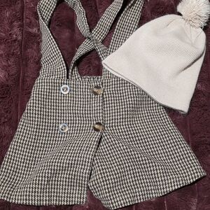 Houndstooth Suspender Skirt and Cream Knit Beanie
